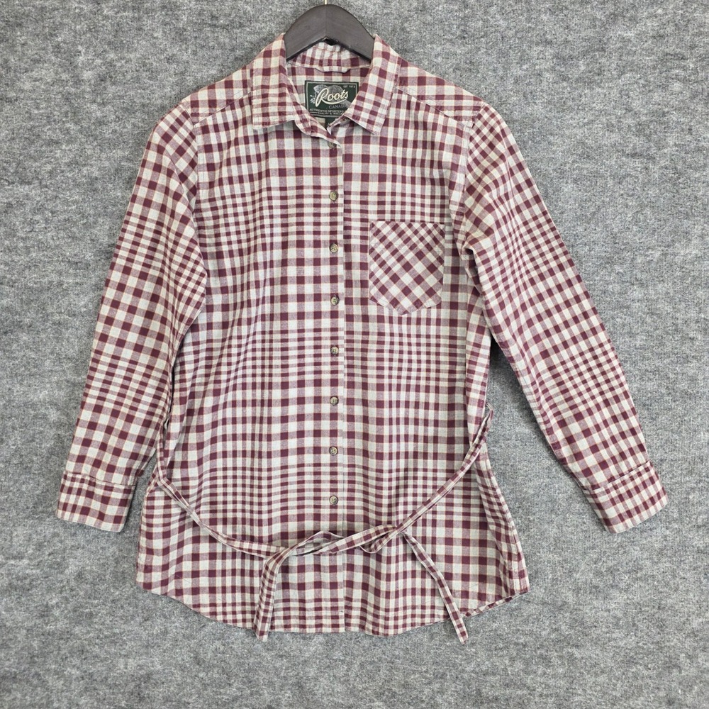 Roots Button Down Shirt Mens‎ Large Maroon Gray Plaid Long Sleeve Cotton Belted